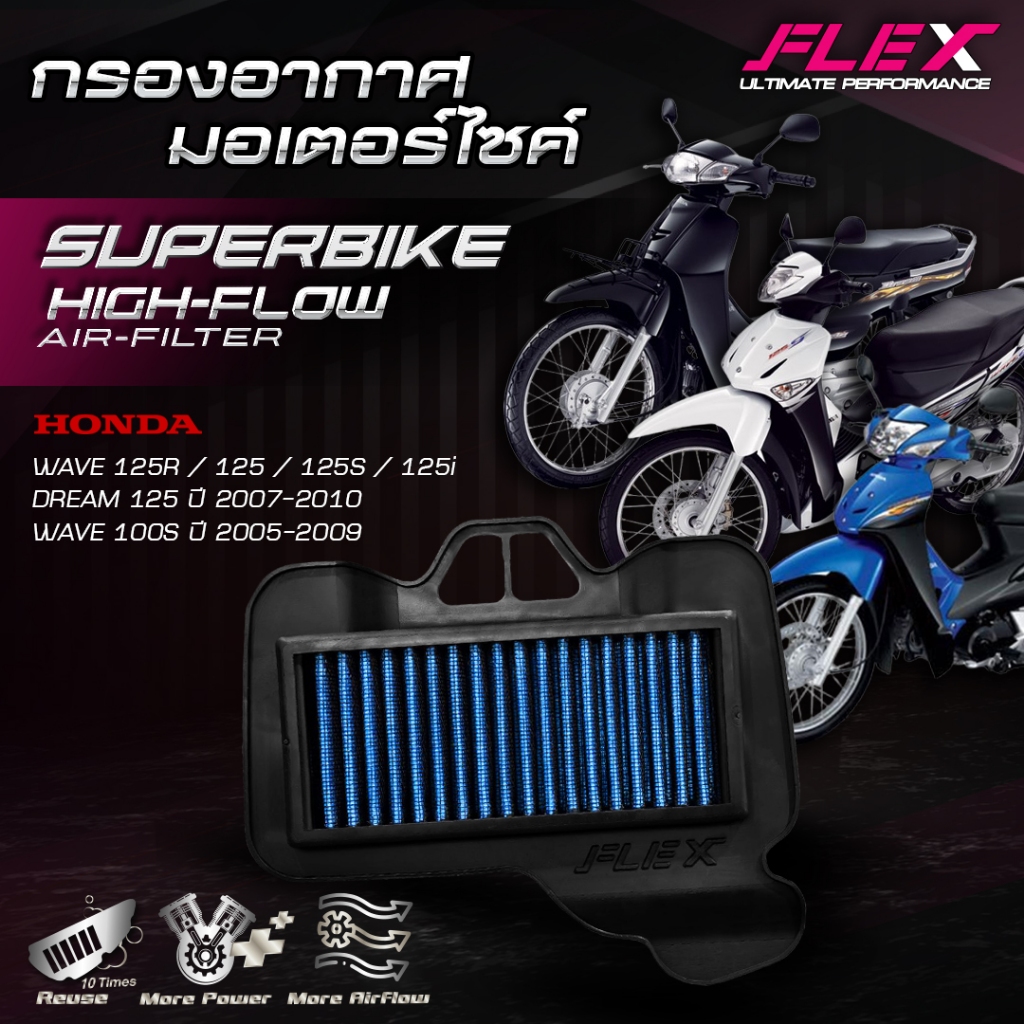 กรองอากาศรถมอเตอร์ไซค์ SUPERBIKE FLEX ตรงรุ่น HONDA WAVE125R / DREAM125 ถอดล้างไ