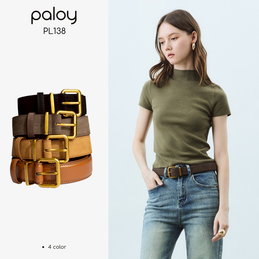 Paloy - PL138 เข็มขัดหนังแท้ เข็มขัดหนังกลับ หัวเข็มขัดสีทอง