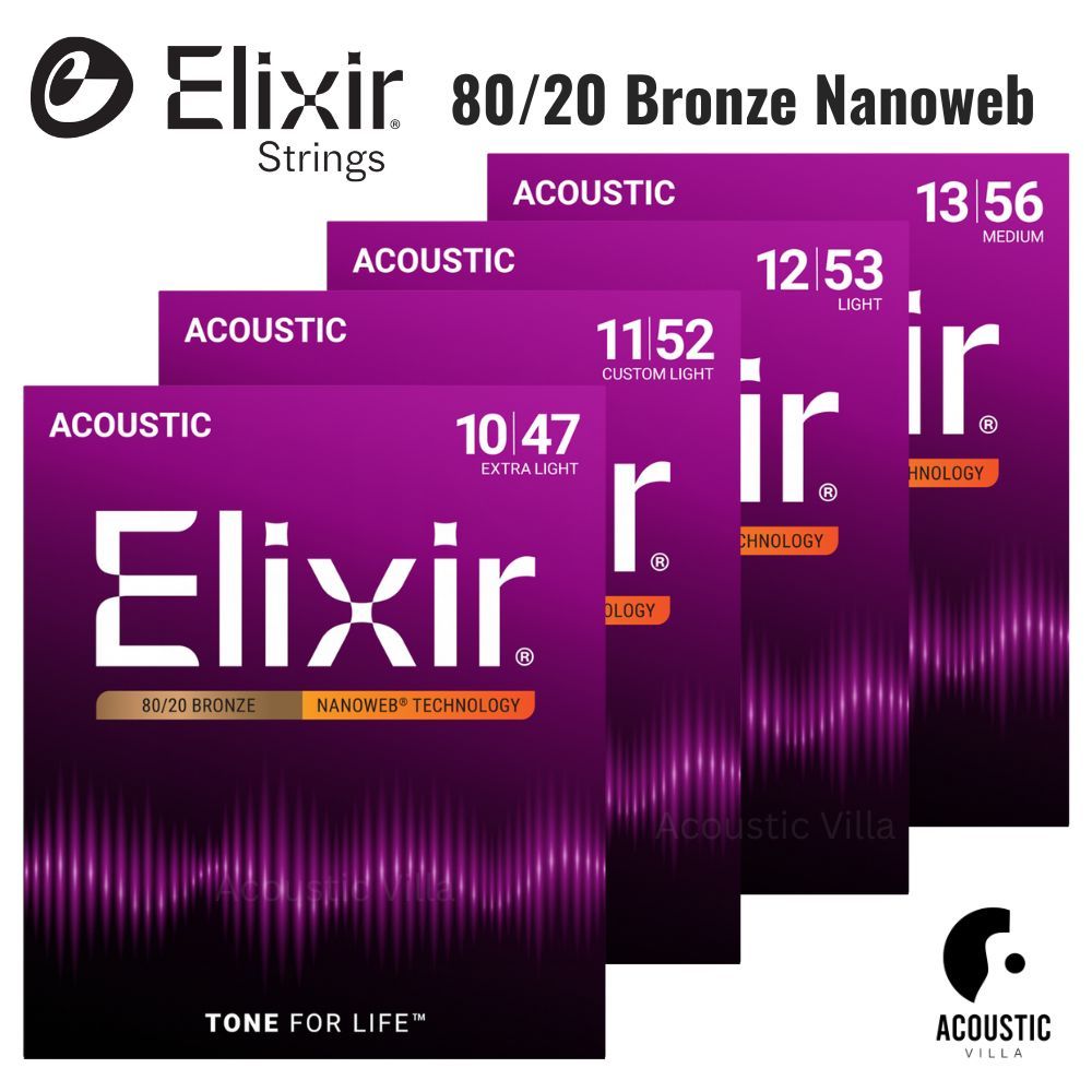 สายกีตาร์โปร่ง Elixir 80/20 Bronze Nanoweb Acoustic Guitar Strings
