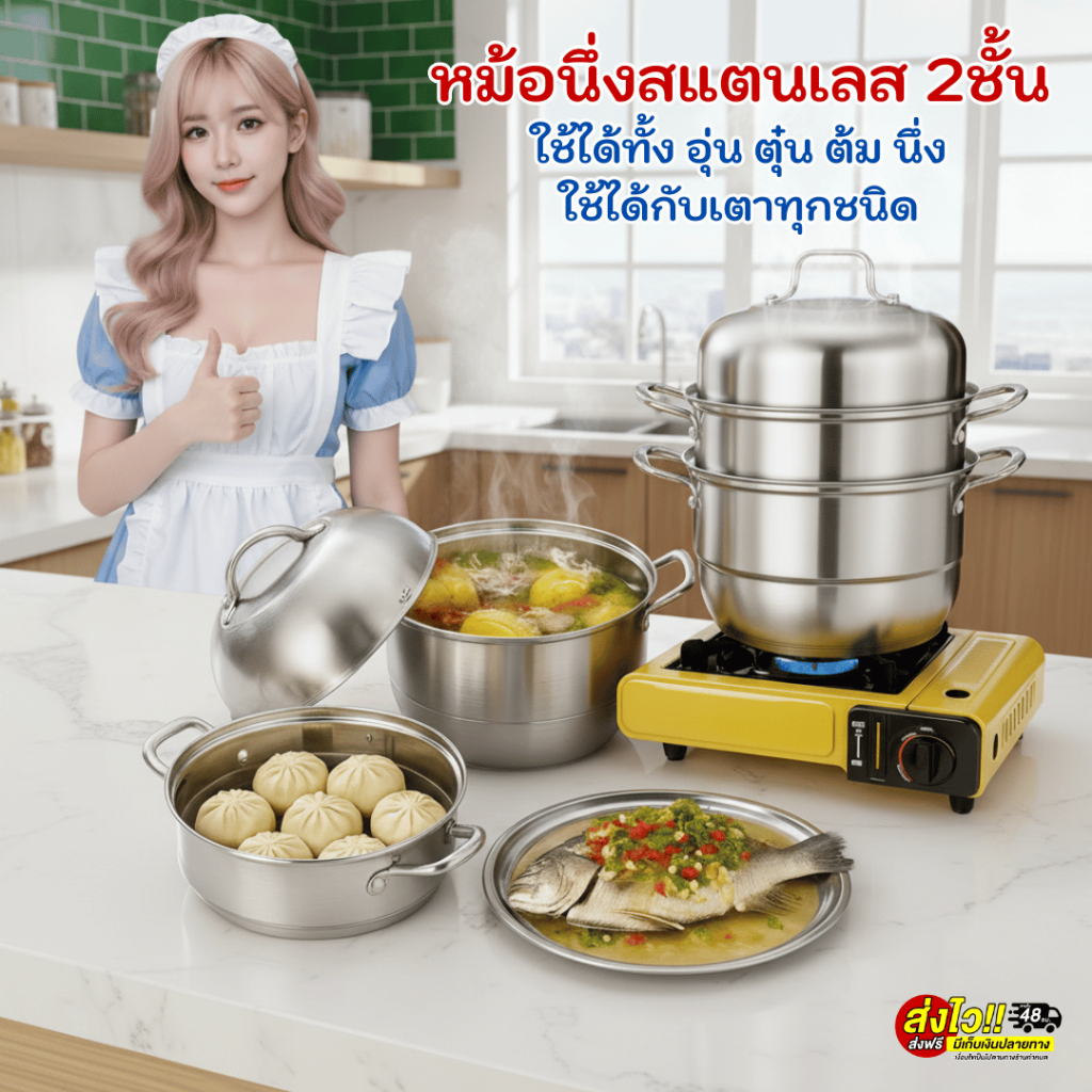 หม้อนึ่งสแตนเลส 2ชั้น รุ่นหนา ฝาสูง เจาะช่องกระจก หม้อนึ่งอเนกประสงค์ ซึ้งนึ่งอาหาร ใช้ได้ทั้งนึ่งและต้ม ใช้ได้ทุกเตา