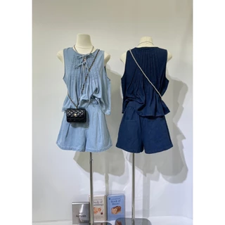 B635 เซ็ตเสื้อแขนกุดผูกโบว์ + กางเกงขาสั้น เนื้อผ้ายีนส์นุ่ม ลุควินเทจนิดๆ