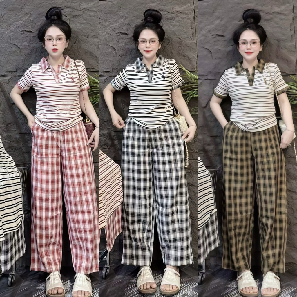 Set 2ชิ้น เสื้อคอปกลายขวาง ปักplol กางเกงลายสก็อต