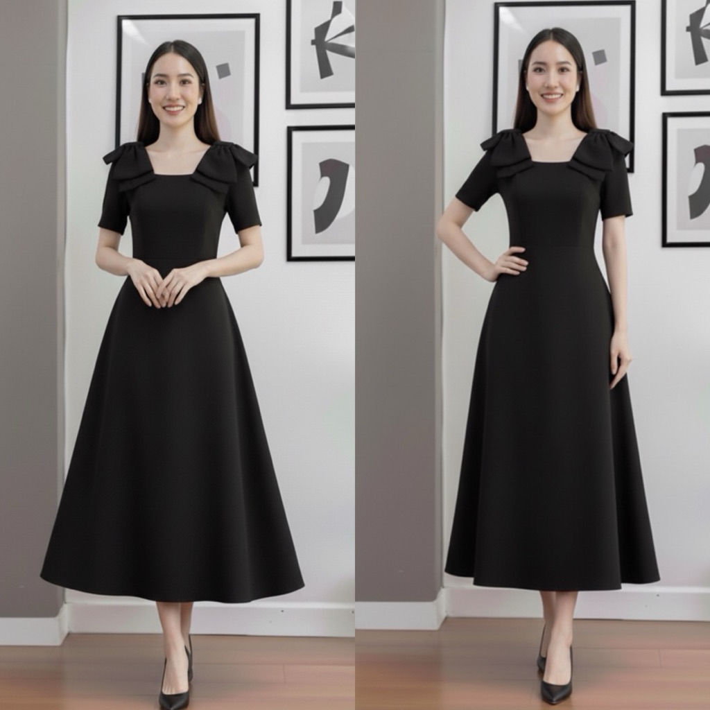 เดรสดำ ชุดดำ พร้อมส่ง เดรสดำแต่งโบว์2ชั้นที่ไหล่ สีพื้นกระโปรงทรงย้วยทิ้งตัวแขนสั้นคอเหลี่ยม ผ้าดีมาก มีน้ำหนักทิ้งตัว
