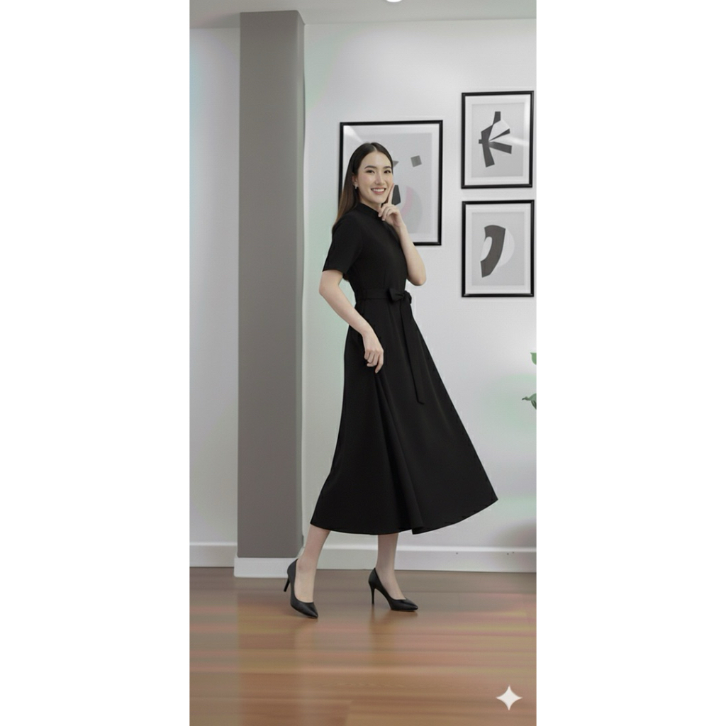 เดรสดำ ชุดดำ พร้อมส่ง‼️ งานเดรสดำคอจีน แต่งโบว์ที่เอว น่ารักมากๆค่ะ สีพื้นกระโปรงทรงย้วยทิ้งตัว แขนสั้นคอเหลี่ยม - รูปที่ 3