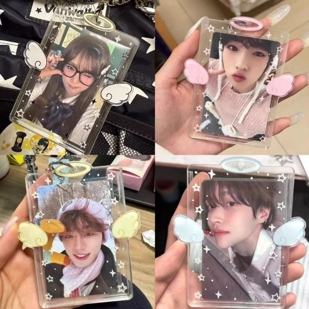 🎀พร้อมส่ง!(มีสีขาว ฟ้า ชมพู เหลือง)เฟรมการ์ดอะคริลิคใส ลายปีกนางฟ้าสีชมพู ขนาด3นิ้ว