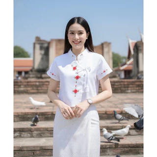 เสื้อพื้นเมืองผู้หญิงคอจีนผูกโบว์ ปักดอกด้วยมือ