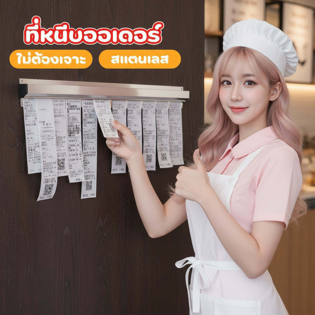 ที่หนีบออเดอร์ รางเสียบบิลสแตนเลส พร้อมที่ยึดมีกาวในตัวไม่ต้องเจาะ มีให้เลือก5ขนาด 25/30/50/80/90ซม.