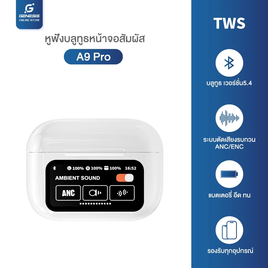 TWS A9Pro หูฟังบลูทูธหน้าจอสัมผัส หูฟังบลูทูธไร้สาย บลูทูธเวอร์ชั่นล่าสุด5.4 ตัดเสียงรบกวน เสียงดี