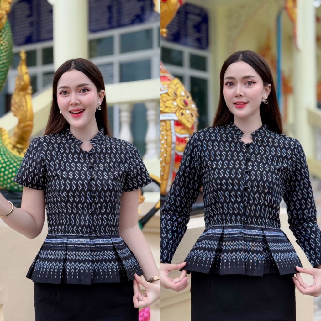 เสื้อหญิงแขนยาวสีดำและแขนสั่นสีดำผ้าคอตตอลลายตะขอพระราชทาน