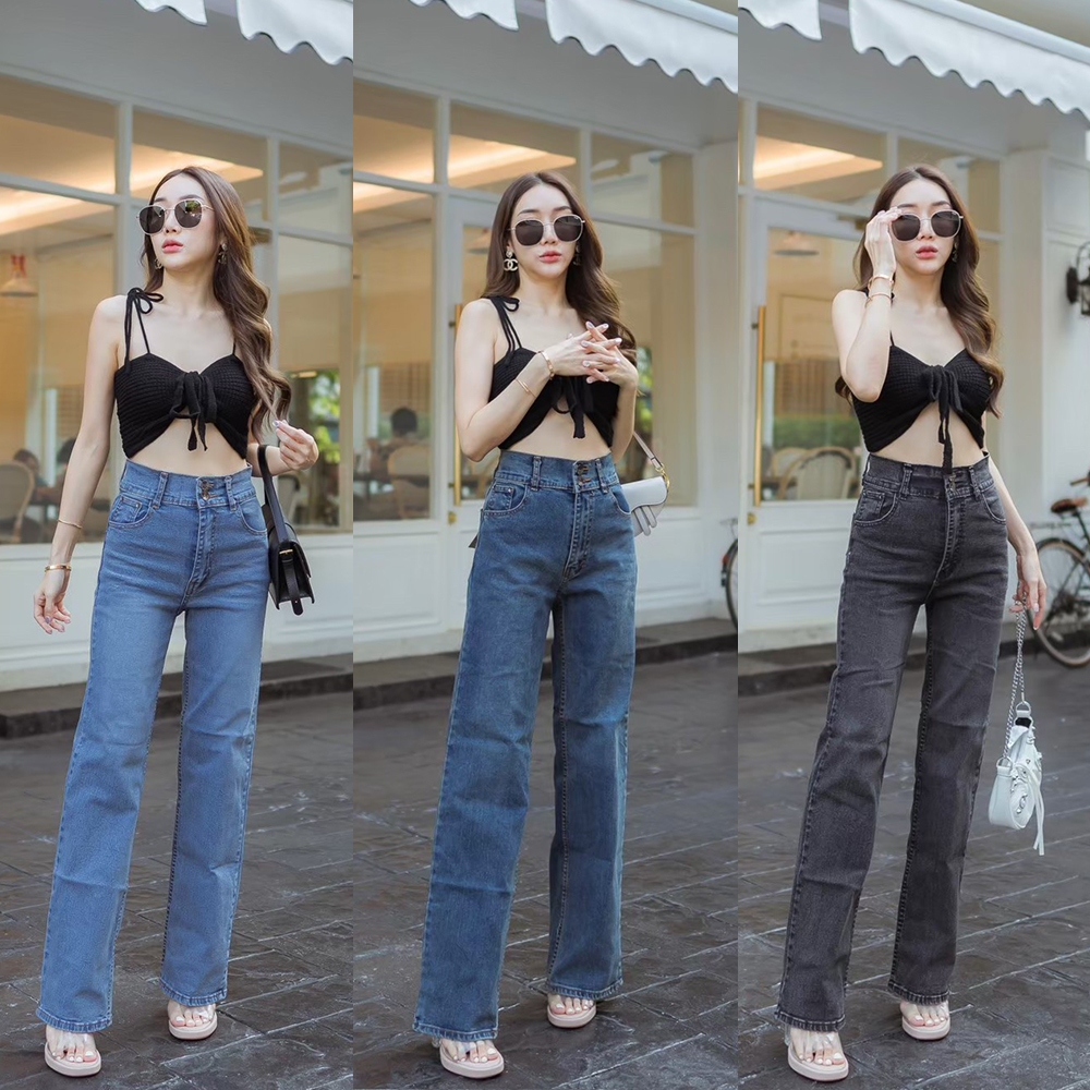 กางเกงยีนส์ผู้หญิงเอวสูงขากระบอกเอวมีสองกระดุมปิดสะดือมีไซส์S-5XL