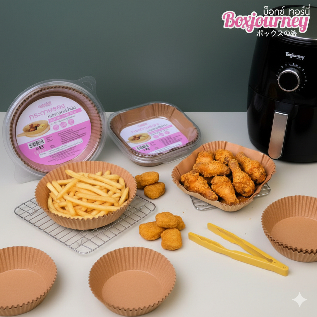 Boxjourney กระดาษรองหม้อทอดไร้น้ำมัน สี่เหลี่ยม / ทรงกลม สีน้ำตาล (50 ใบ/แพ็ค)