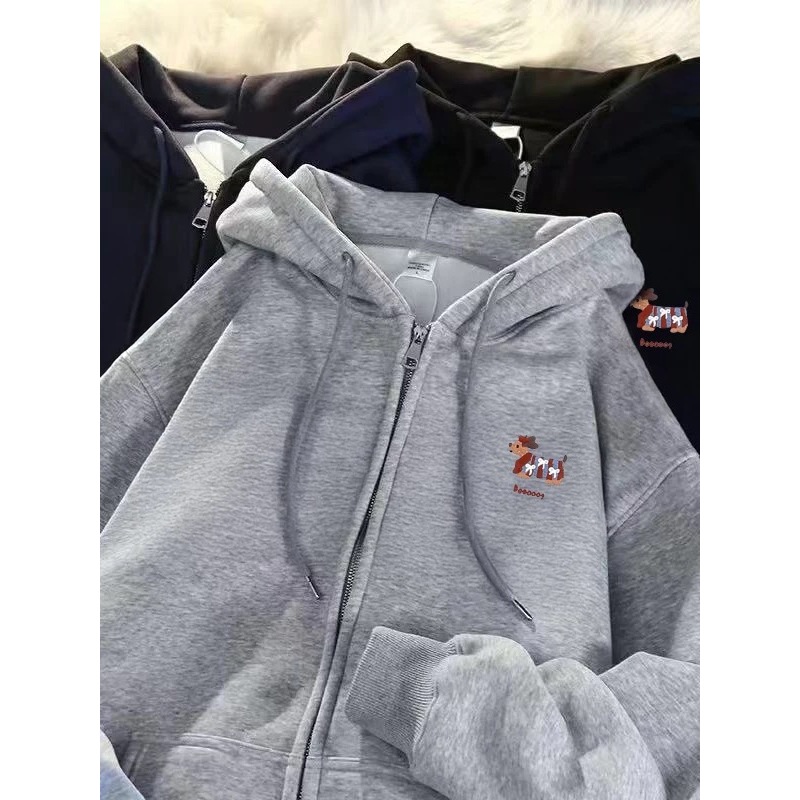 Zipper Hoodies สาว เสื้อกันหนาวฤดูใบไม้ร่วงและฤดูหนาวแขนยาว Pullovers Series Casual Hooded Couple's style
