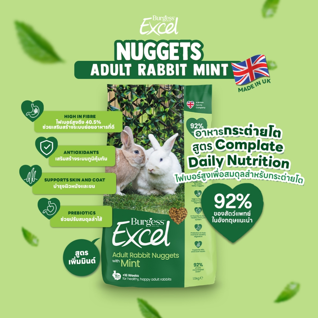 อาหารกระต่ายโตพรีเมี่ยม รสมิ้นท์ 🇬🇧 Burgess Excel Mint 1.5 kg | ไฟเบอร์สูง ช่วยระบบย่อยอาหาร