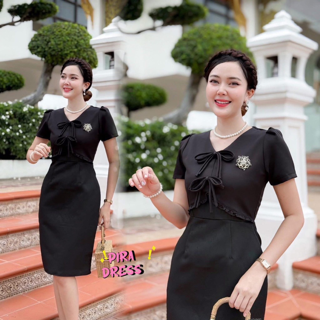 PIRA DRESS ไหมแกมฝ้ายสีดำ อัดกาวทั้งชุด