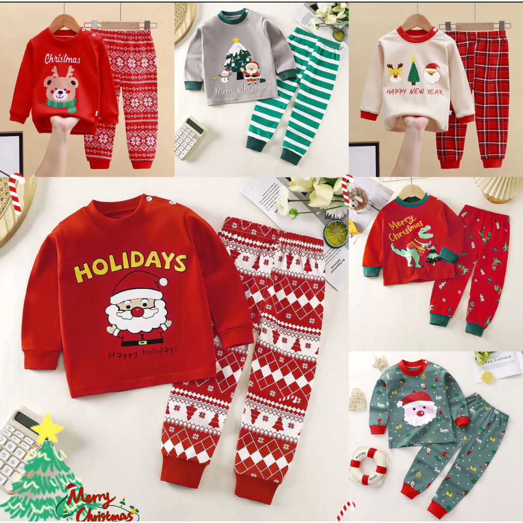 ชุดนอนแขนยาวเด็ก ชุดคริสต์มาส เซต 2 ชิ้น 🎄Christmas ผ้าคอตตอน100% นุ่มใส่สบาย ผ้าไม่บาง กันหนาว size 3เดือน-6ปี KY
