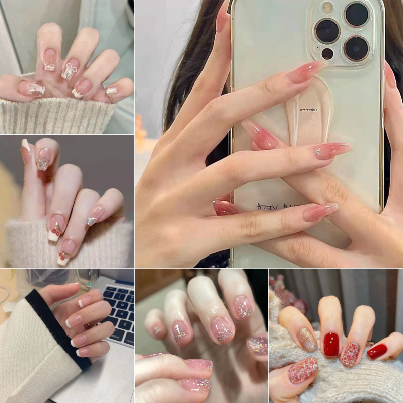 เล็บแฟชั่น เล็บปลอม ชนิดอะคริลิค สไตล์ฝรั่งเศส สีขาว ชมพู 24 ชิ้น