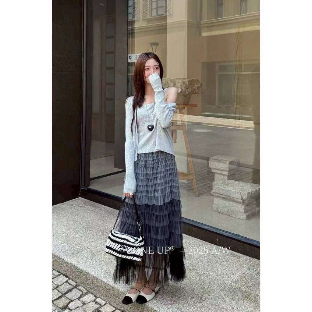 กระโปรงยาวผ้ามุ้งชั้นไล่ชั้น ไล่เฉดสี 3 สี สีเขียนตามสีขอบเอวยางยืด #823 - รูปที่ 4