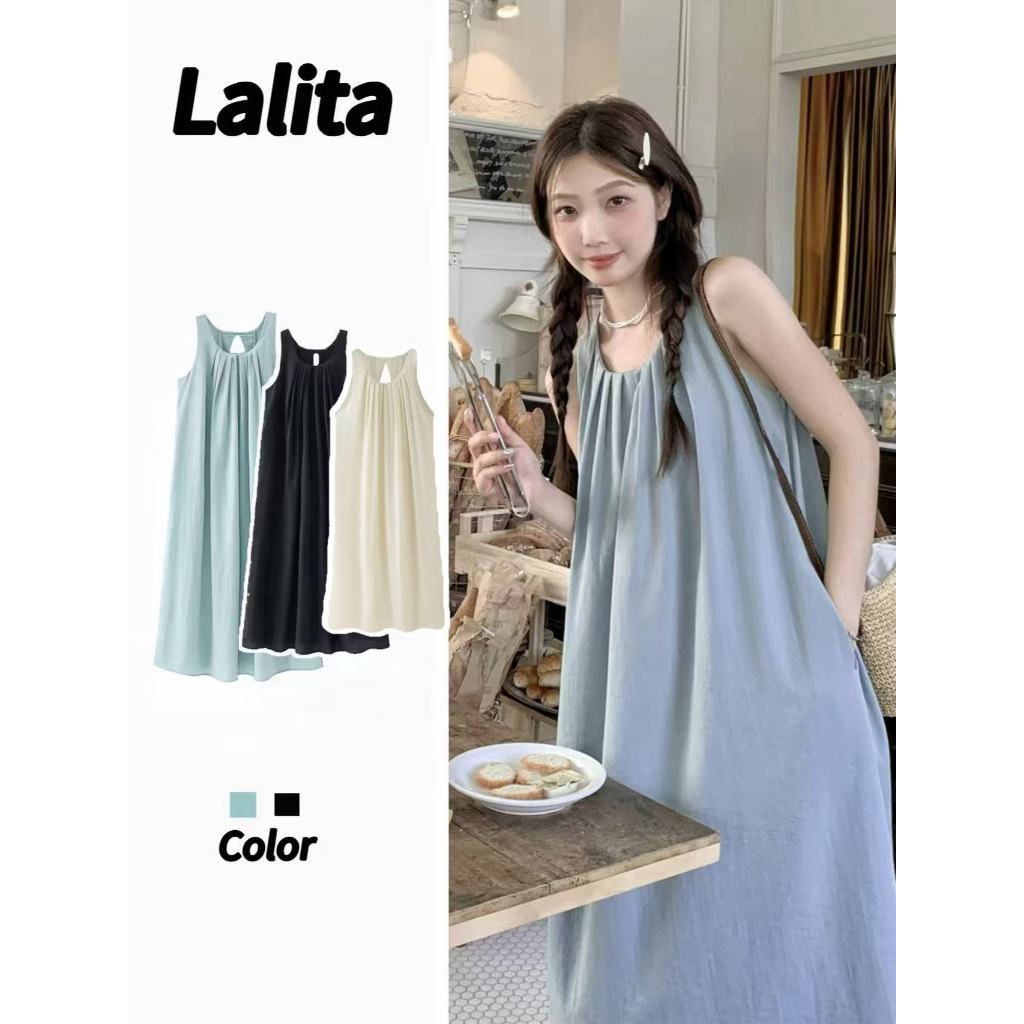 Lalita ชุดเดรสยาว เดรสคอกลม เดรสแขนกุด ชุดเที่ยวทะเล เนื้อผ้าใส่สบาย เดรสทรงหลวม ชุดเดรสผู้หญิง สไตล์ลำลอง