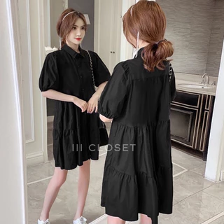 มินิเดรสสั้น lll Freesize lll ZZ001 คอปก กระดุมหน้า แขนตุ๊กตา ชุดเย็บระบายเป็นชั้นๆ เนื้อผ้าไหมอิตาลี