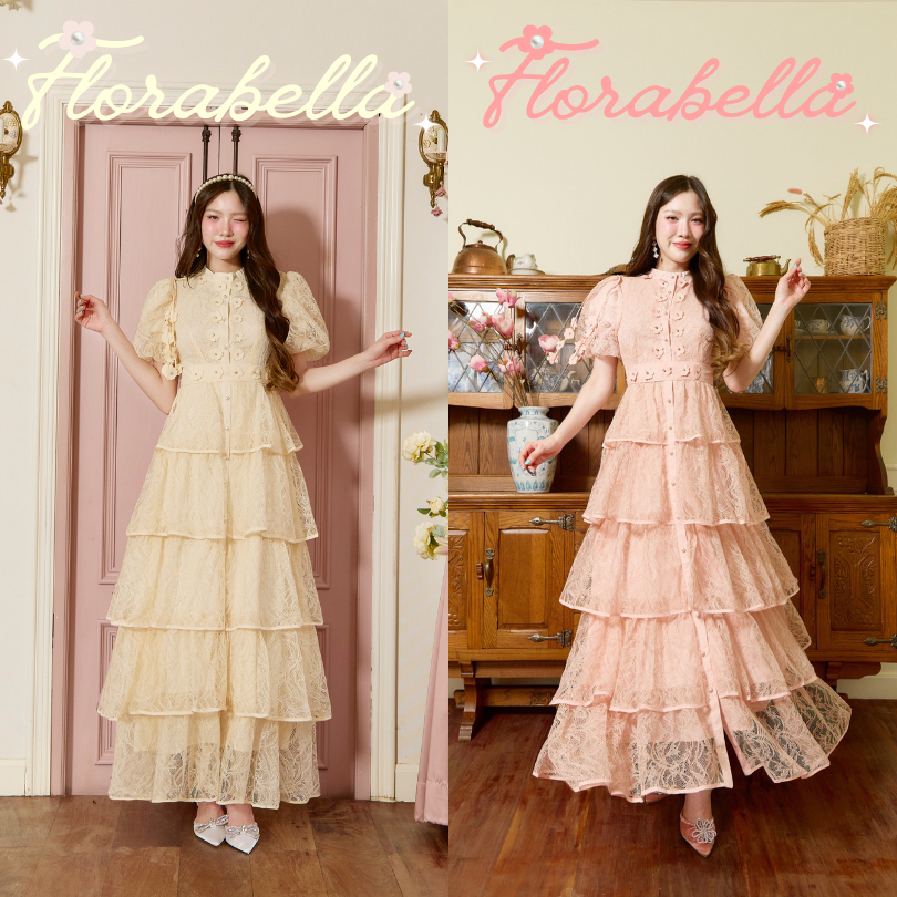 SOULMATE FLORABELLA #SM2442 *เช็ครายละเอียดก่อนสั่งนะคะ* เดรสผ้าลูกไม้แขนสั้นพองทรงตุ๊กตากระโปรงยาวชั้นๆ มีเข็มขัด