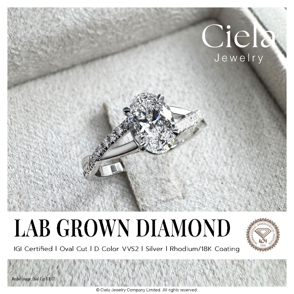 แหวน Twisted Pavé Cathedral Oval Cut เพชร Lab Grown (CVD) Cert. IGI น้ำ100 Silver92.5% Ciela Jewelry