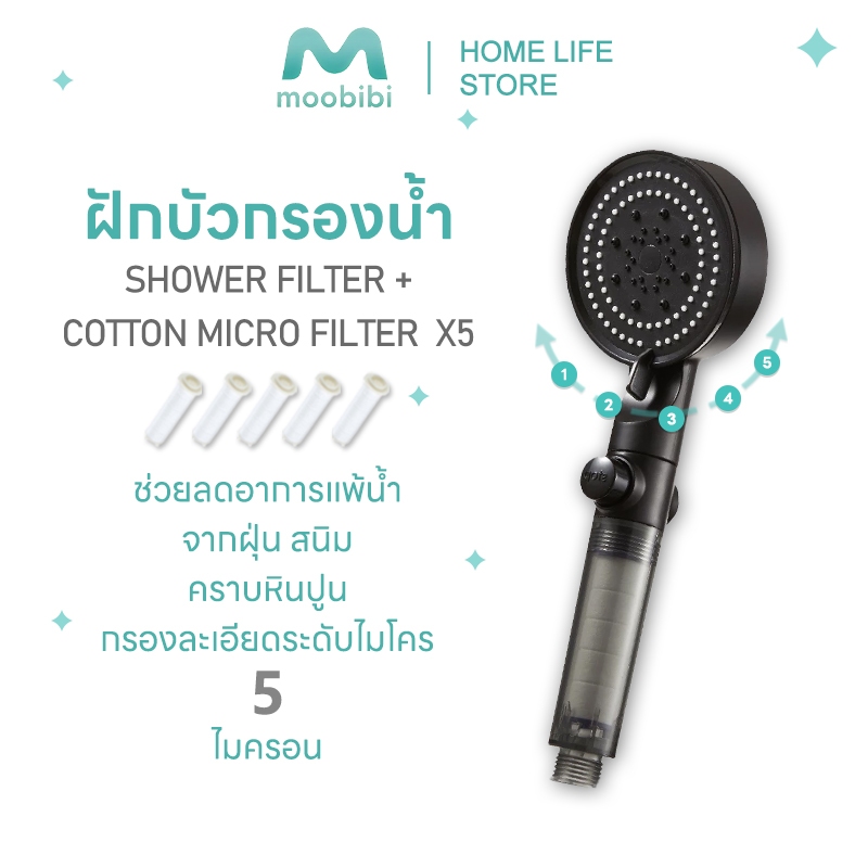 Moobibi Shower Filter ฝักบัวกรองน้ำ + รับฟรี Cotton Micro Filter ไส้กรองฝักบัว 5 ชิ้น เพิ่มแรงดัน ฝักบัวอาบน้ำ