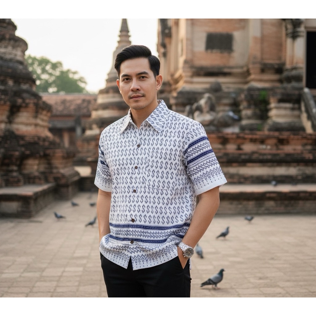 เสื้อพื้นเมืองผู้ชายคอเชิ้ตลายขอ