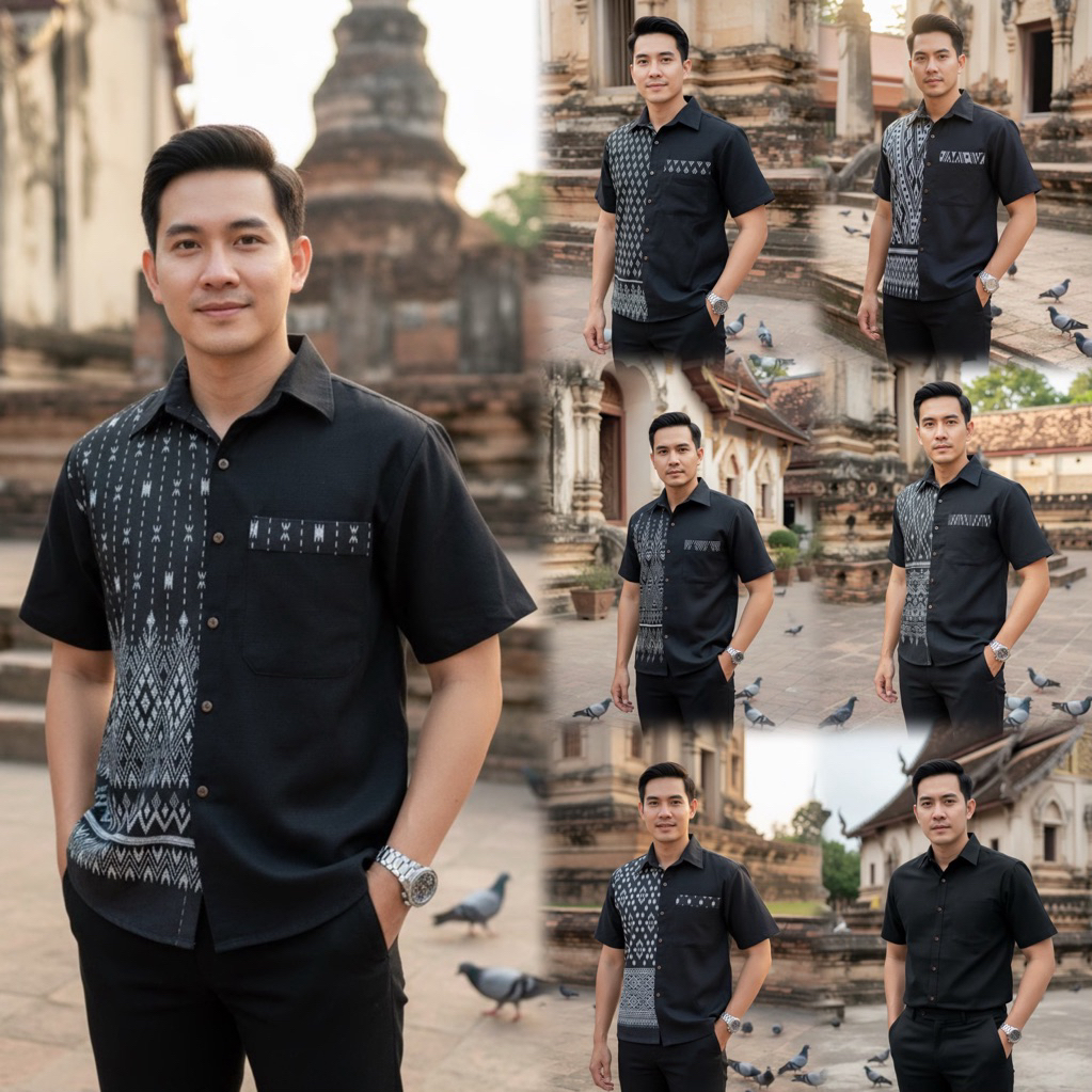 เสื้อพื้นเมืองผู้ชายคอเชิ้ตทูโทน ลายไทย