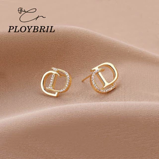 พร้อมส่งจากไทย สีทองแต่งเพชร ต่างหู รูปตัวอักษร เครื่องประดับผู้หญิง PLOYBRIL E003