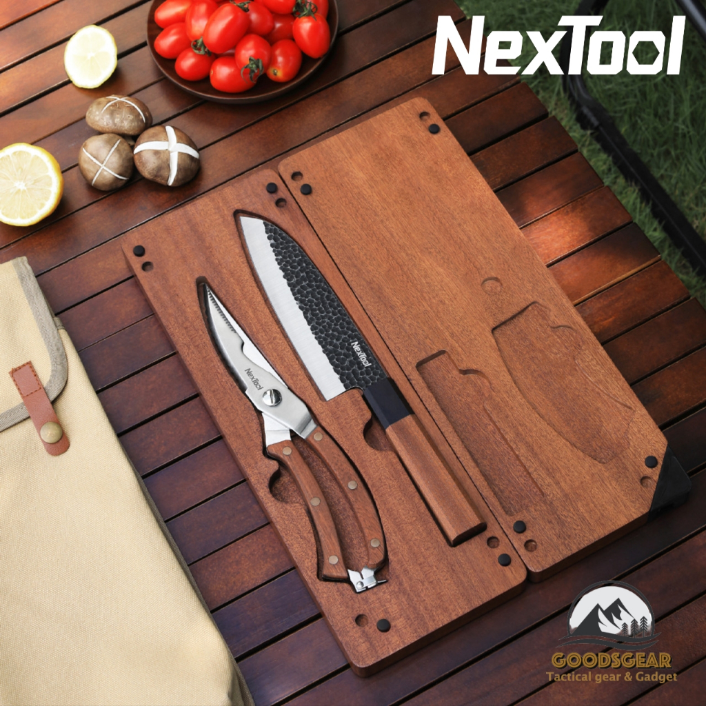 NexTool Camp Chef Cookware ชุดเขียงไม้ Sapele พร้อมมีด + กรรไกร