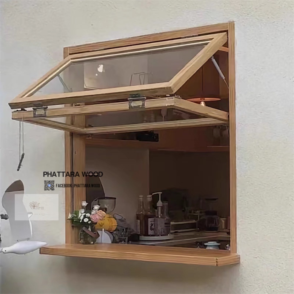 ชุดวงกบไม้เนื้อแข็ง 2"x 4" + หน้าต่างไม้เนื้อแข็ง กรอบโล่ง 2 บาน พร้อมติดตั้งอุปกรณ์โช้คอัพ