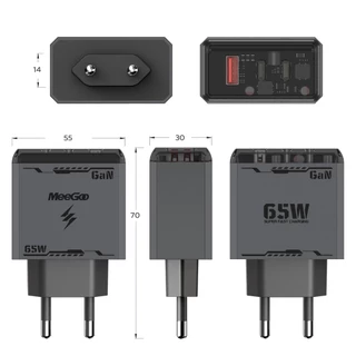 MEEGOO หัวชาร์จเร็ว 65W แบบ 3 พอร์ต GAN Fast Charger PD*2+QC3.0 ขาปลั๊กพับได้ สำหรับมือถือ แล็ปท็อป TISI STANDARD