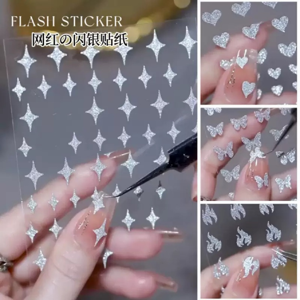 สติ๊กเกอร์แฟลชสีเงิน ประกายเพชร ติดเล็บแต่งเล็บ