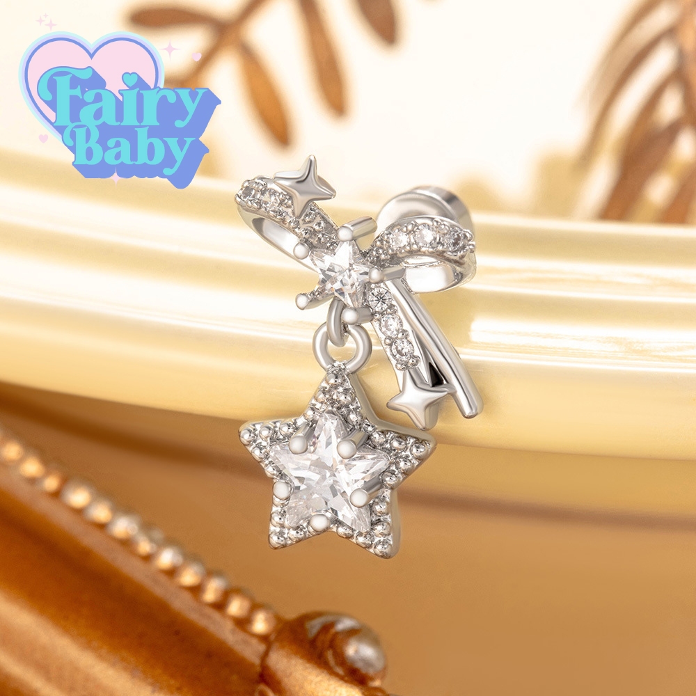 Fairybaby จิว Star Bow ( 1 ชิ้น ) แป้นแบน จิว รูปโบว์ ดาวตุ้งติ้ง สีขาว  น่ารัก สวยงาม มาใหม่ หนา 0.8 ยาว 6 mm (J3-132)
