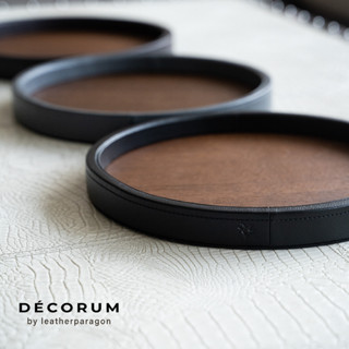 Decorum - (Small) Circular Leather Wood Tray ถาดหนังกลมไม้ ใ…