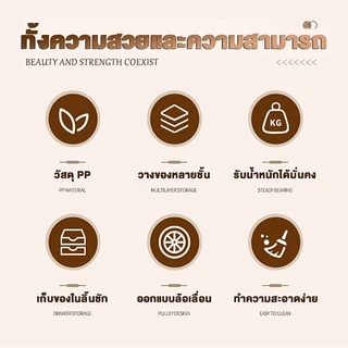 รถเข็นหลายชั้น ตู้กับข้าวแบบลิ้นชัก ชั้นเก็บของเล่น มีล้อเลื่อน และชั้นวางของว่าง