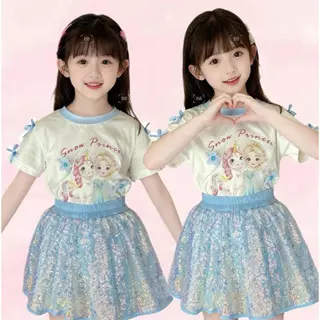 BB151 พร้อมส่ง ชุดเซ็ทเด็กสโนว์ เสื้อแต่งโบว์ดอกไม้ กระโปรงกลิตเตอร์วิ้งสีฟ้า ฟุ้งฟิ้งมาก