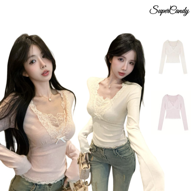 SuperCandy🌷เสื้อยืดคอวีแขนยาวแต่งลูกไม้เซ็กซี่สำหรับผู้หญิง สีขาวครีม ทรงเข้ารูป เสื้อชั้นในสุดฮอตสำหรับผู้หญิง