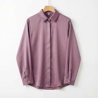 D015 เสื้อเชิ้ตซาตินเกรดพรีเมี่ยม คอแต่งกระดุมเพชร เป็นงานซ่อมกระดุม 20สี