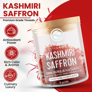 Gourmazia Premium Kashmiri Saffron – All-Red Mongra Threads, Hand-Picked & Sun-Dried, Single-Origin from Kashmir, 2G