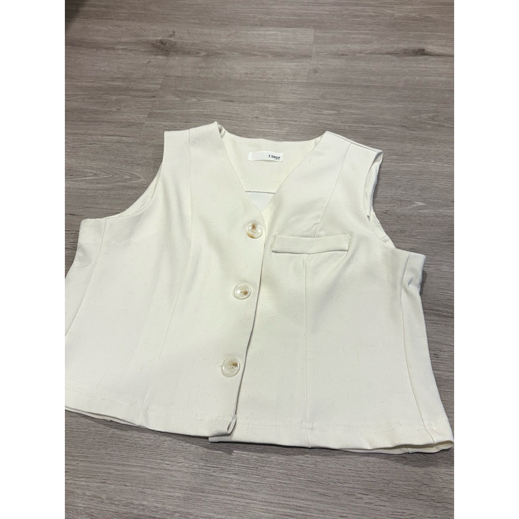 เสื้อBlazer แขนกุด ผ้าฝ้ายสีครีม Tshopp