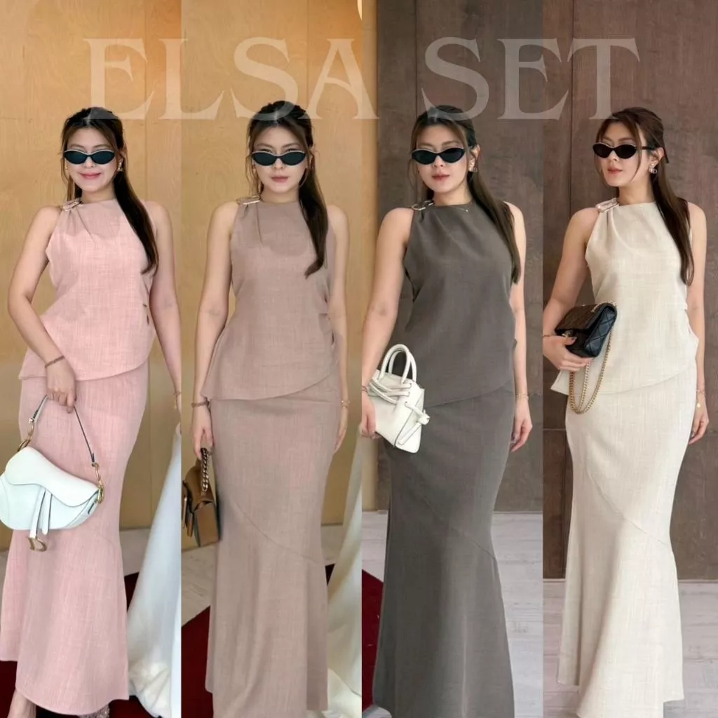Elsa Set: ชุดเซ็ท 2 ชิ้นกระโปรงยาว ชุดเซ็ทกระโปรงยาว เสื้อแขนกุดแต่งอะไหล่ทอง เรียบหรู ออกงาน BETTY (B049)