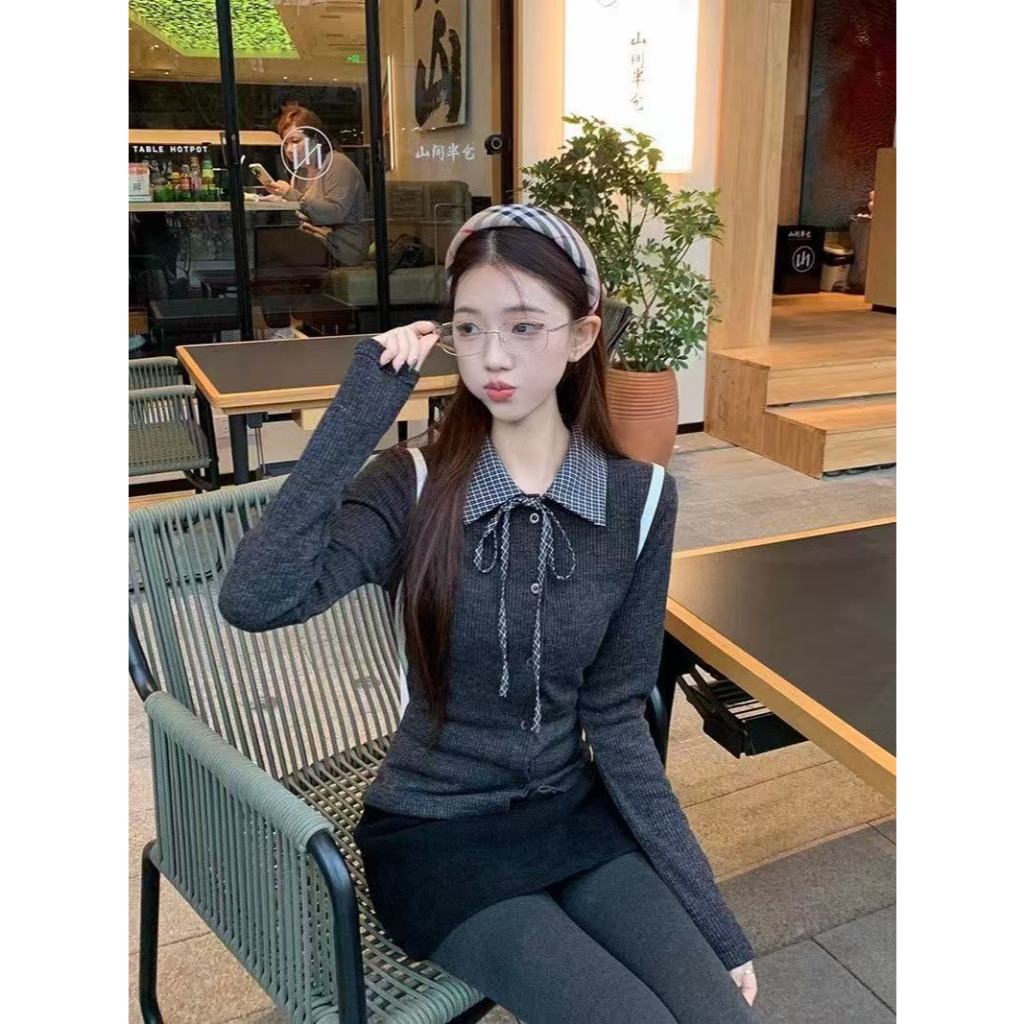 [Sheing office]🌟พร้อมส่ง🌟เสื้อถักแขนยาวผู้หญิง เสื้อสเวตเตอร์ถักคอโปโลลายสก็อตสไตล์เรโทร
