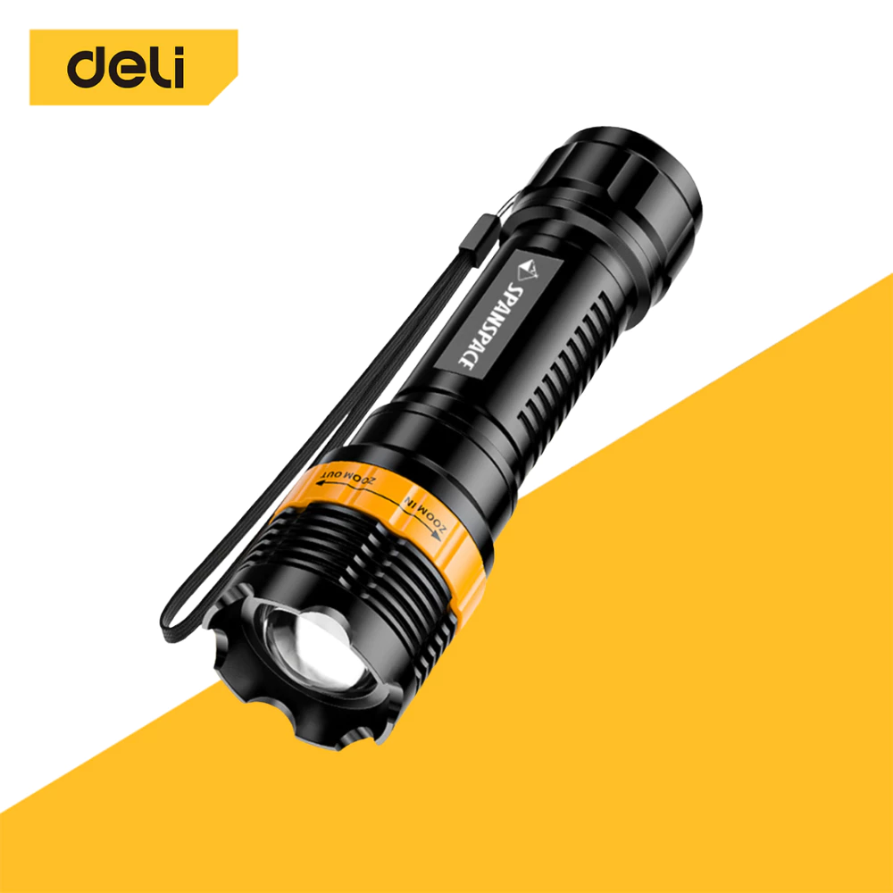 Deli ไฟฉายLED ไฟฉายแรงสูง ไฟฉายแรงสูงแบบปรับซูมได้ หัวชาร์จusb กันน้ำ ไฟฉายแรงสูง มีคลิปหนีบด้านหลัง พกพาง่าย Flashlight