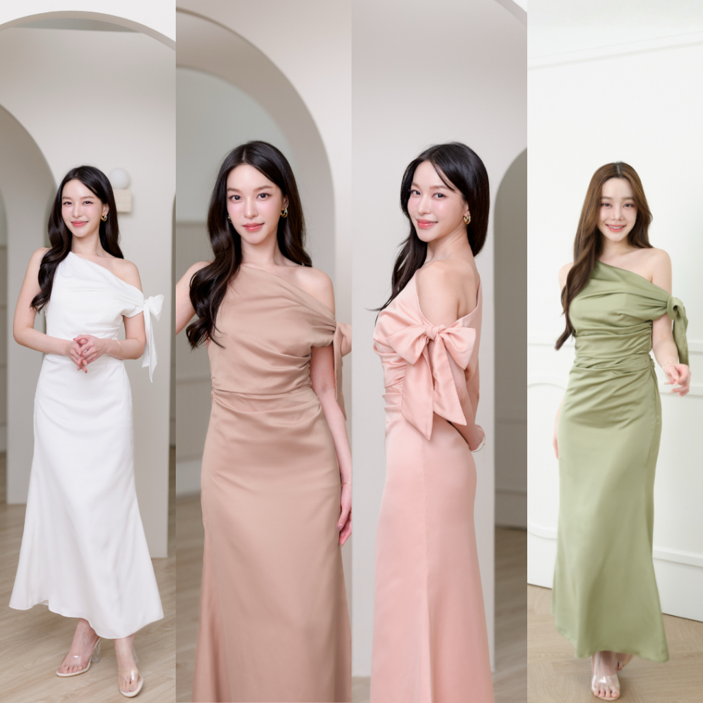 Pirunya - Long Dress 22 เดรสยาว ออกงาน ไหล่เดียว แขนกุด ผูกโบว์ ทรงสวย