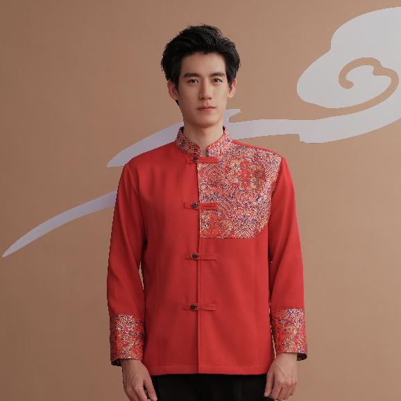 (JUN) CNY Shirt เสื้อตรุษจีนผู้ชาย สีแดงสดแต่งลาย รุ่น LHONG