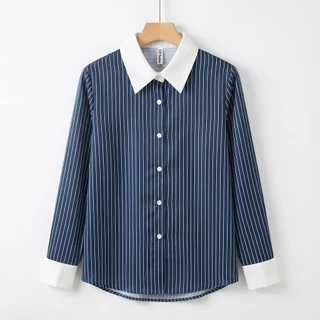 D017 เสื้อเชิ้ตแฟชั่นผ้าซาตินพรีเมี่ยม​ ลายริ้ว ผ้าลื่นๆเย็นๆ ใส่สบาย