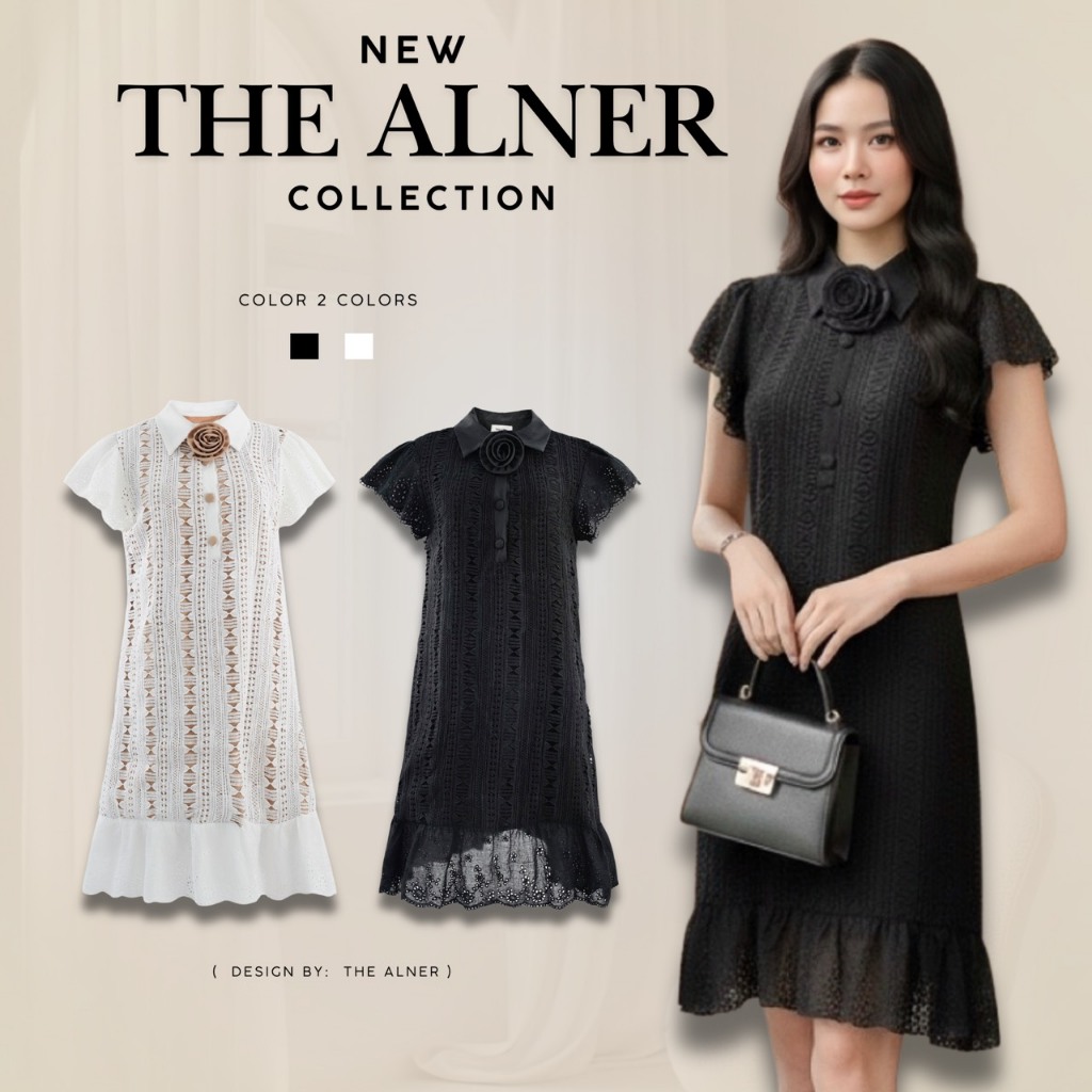 Thealner-AN570 (เดรสลูกไม้คอปกแขนสั้นแต่งดอก)
