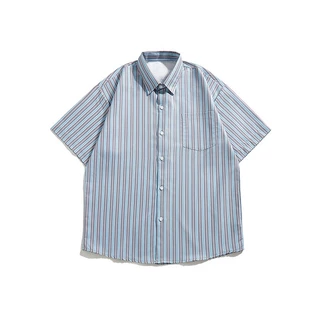 PROMAN เสื้อเชิ้ตลายทางแบบลำลอง ประจำวัน ใส่ได้กับทุกแบบ เสื้อแขนสั้นผู้ชายทรงหลวม พักผ่อน M-3XL พร้อมส่ง