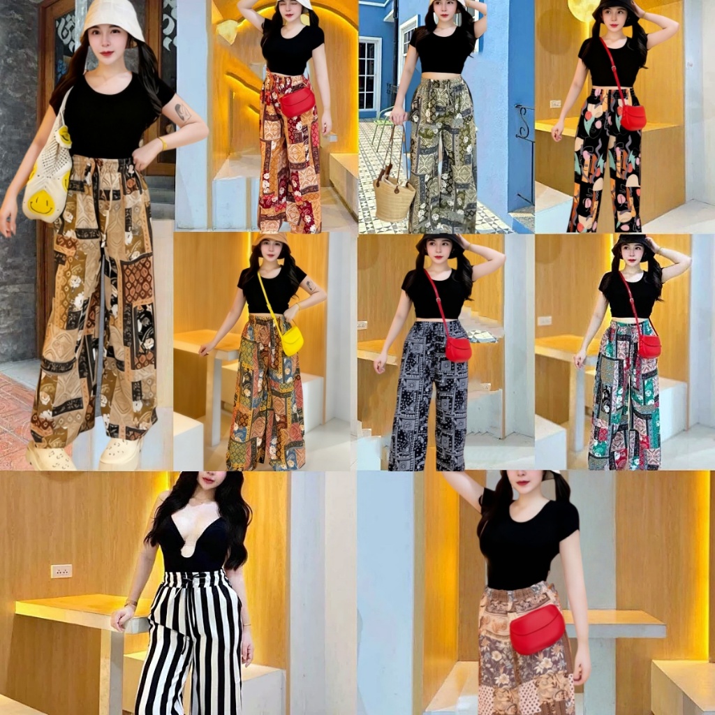 โชคดีดอกไม้มงคล45รุ่นใหม่รวม_กางเกงกระบอกใหญ่ผ้าไหมอิตาลีสาวอวบใส่ได้ฟรีไซส์ เอวยืดมีเชือกรูดได้BOHO🌈BABAOTU🌈